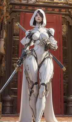 a woman dressed in white holding two swords