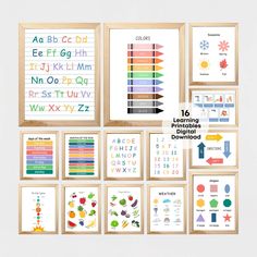 eight educational posters ready to print for children's room or playroom, each with different numbers and shapes