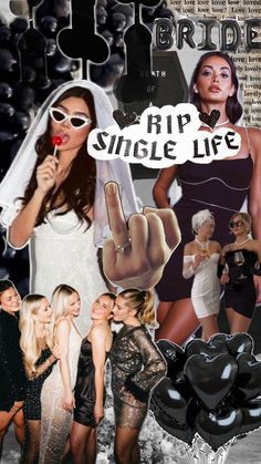 a collage of women dressed up in black and white, including one woman with a finger on her lips