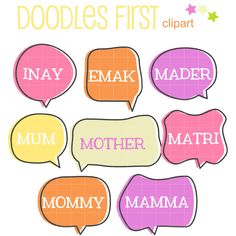 some speech bubbles with the words mamma and mom in different languages on them,