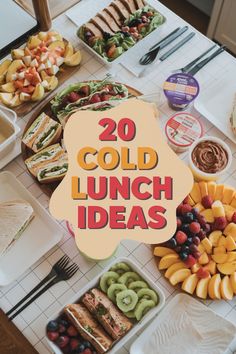 20 cold lunch ideas displayed with various fruits, sandwiches, and spreads on a table. Cold Lunches To Take To Work, Lunch Ideas For Work From Home, Lunch Ideas For Seniors, Travel Salads, Fun Lunch Ideas For Adults, Cold Lunch For Work, Lunch Ideas For Work Cold