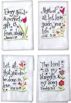 four embroidered napkins with the words and flowers on them