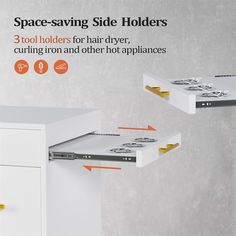 the space saving side holders for hair dryer, cutting on and other hot appliances