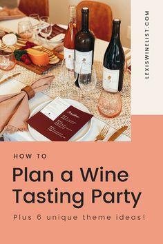 a wine tasting party with bottles of wine on the table and place settings in front