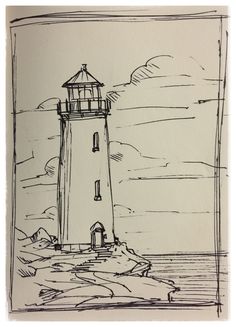 a black and white drawing of a lighthouse