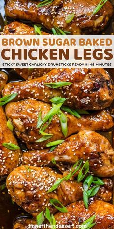 brown sugar baked chicken legs in a pan with sesame seeds and green onions on top