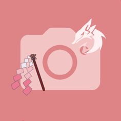 a pink background with an image of a camera and a stick