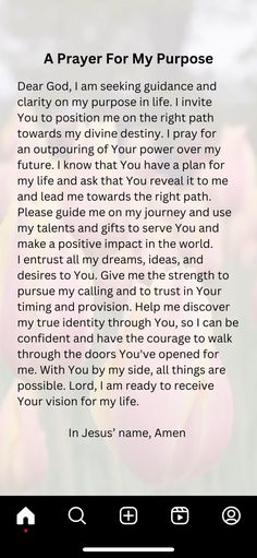 a prayer for my purpose with tulips in the foreground and text below