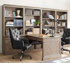 an office with a desk, chair and bookshelf