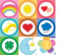 various stickers with hearts, sun, clouds and other things on them in different colors