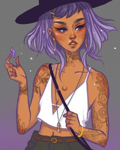 a drawing of a woman with purple hair and tattoos holding an object in her hand