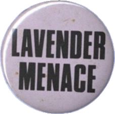 a white button with the words lavender menage printed on it in black letters, against a light blue background