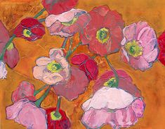 a painting of pink and red flowers in a vase on an orange surface with yellow background