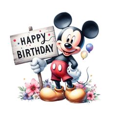 a mickey mouse holding a happy birthday sign