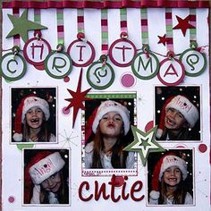 a christmas card with pictures of people wearing santa hats and decorations on the top one