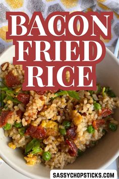 bacon fried rice in a white bowl with green beans