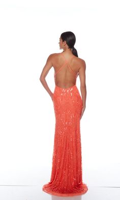 Dazzle in this Alyce sequin sheath prom dress. Hand beaded, a sequin print embellishes this designer prom dress from the v-neckline to the hem of the floor-length skirt. Highlighting your natural figure, this tight prom dress skims the curves through the hips. Fully adjustable for a snug fit, thin spaghetti straps cross against the open back. For a sparkling yet sultry look at your next event, wear this backless sequin prom dress by Alyce. Grad Dresses Sparkly, Prom Dresses Coral, Orange Formal Dress, Tight Prom Dress, Orange Formal Dresses, Orange Prom Dress, Prom Dresses Tight, Designer Prom Dress, Colorful Prom Dresses