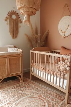 a baby's room with two cribs and a rug on the floor