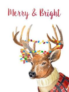 a christmas card with a deer wearing a sweater and beaded antlers on it