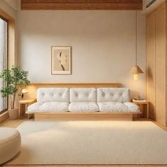 a living room filled with furniture and a white rug on top of a hard wood floor