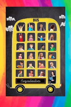 a school bus with pictures of children on it