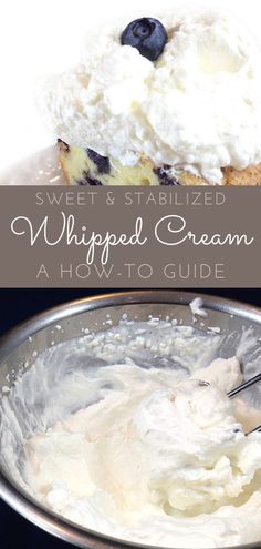 whipped cream in a metal bowl with blueberries on top and the words sweet & stabilized whipped cream below