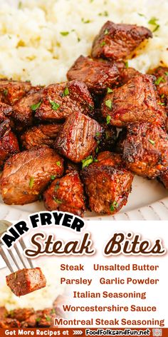 an advertisement for air fryer steak bites on a plate with mashed potatoes and gravy