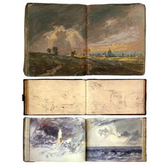 three books with drawings on them and one is opened to show the landscape in different stages