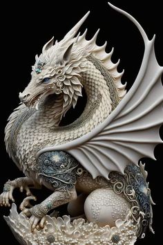 a white dragon figurine sitting on top of an egg