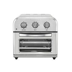 a silver toaster oven sitting on top of a white counter