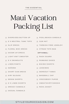 the ultimate guide to packing in hawaii with text overlaying that reads, mau vacation packing list