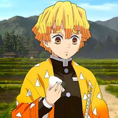 an anime character with blonde hair holding a white object in his hand and looking at the camera