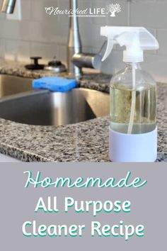 homemade all purpose cleaner recipe for kitchen countertop and sink with text overlay that reads homemade all purpose cleaner recipe