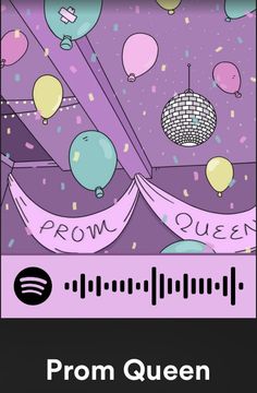 the cover for prom queen, with balloons and streamers flying above it in purple