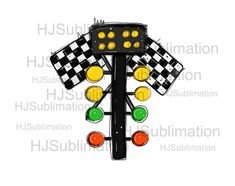 a traffic light that is shaped like a car with checkered flag on it and two stop lights