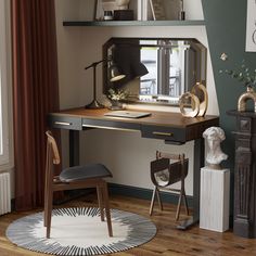 a desk with a mirror, chair and other items on it in front of a window