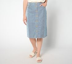 With buttons down the front and a yarn-dyed striped design, there's nothing basic about this denim skirt. Wear it when you want to elevate your everyday looks (and leave behind those stiff-legged jeans!). From Denim & Co.® Fashions. Striped Denim, Leave Behind, Denim Midi Skirt, Yarn Dyeing, Stripes Design, Everyday Look, Leg Jeans, Denim Skirt, Dress Skirt