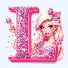 the letter l is decorated with pink glitters and bows, as well as a barbie doll holding a lollipop