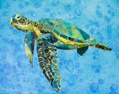 a painting of a green sea turtle swimming in the ocean with blue water behind it