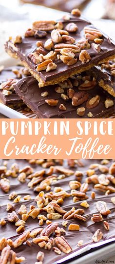 pumpkin spice cracker toffee recipe with chocolate and pecans on top, topped with nuts