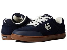 etnies Marana - Men's Skate Shoes : Navy/Gum/White : You've endured through multiple rounds and are still swinging. Stand up to the rigors of skateboarding with the next-level performance of the etnies Marana skate shoes! Skateboard shoes in a cushioned silhouette feature uppers of durable suede with mesh trim. Padded tongue and collar for added comfort and support. Reinforced molded rubber toe cap for added durability. Pro 1 polyurethane footbed for enhanced cushioning. STI EVOLUTION FOAM midso Suede Skate Shoes With Cushioned Footbed For Streetwear, Streetwear Skate Shoes With Ortholite Insole And White Sole, Suede Skate Shoes With White Sole, Suede Skate Shoes With Cushioned Footbed, Mens Skate Shoes, Skateboard Shoes, Dc Sneaker, Skate Shoes, Skateboarding