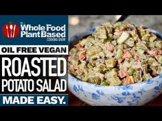 a blue and white bowl filled with salad next to an advertisement for whole food plant based