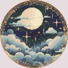 a cross stitch pattern with clouds, stars and the moon in the sky above it