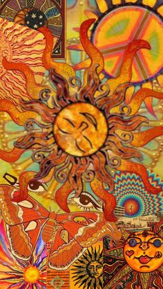 an artistic painting with many different colors and patterns on it, including the sun in the middle