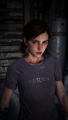 the last of us character in a dark room with an evil look on her face