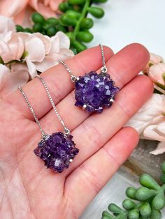 Adorable and classic amethyst cluster necklace that will never go out of style! Featuring a sterling silver box chain with a single small amethyst cluster pendant that hangs from a ring on each side. The chain is super adjustable and can be worn at 5 different lengths. While you cannot choose the exact necklace you will receive, you can select Chain adjusts from 14" to 18" with an adjustment at each inch. You will received ONE necklace that is intuitively picked for you of your selected color ra Dainty Cluster Jewelry As A Gift, Dainty Cluster Jewelry For Gifts, Dainty Cluster Jewelry For Gift, Nickel-free Amethyst Pendant Jewelry, Fine Jewelry Cluster Gift, Amethyst Round Pendant Fine Jewelry, Nickel Free Purple Sterling Silver Necklace, Fine Jewelry Amethyst Round Pendant, Sterling Silver Cluster Gemstone Jewelry