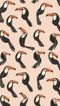 a bunch of black and white birds with orange beaks on a pink background,