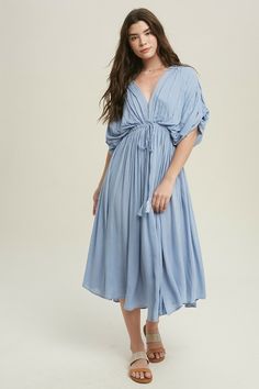 Truly Perfect Light Blue Midi Dress - Boho Pink V-neck Drawstring Dresses For Spring, Blue Rayon Maxi Dress For Daywear, Flowy Maxi Dress With Drawstring, Spring Blue Maxi Dress With Tie Waist, Blue Maxi Dress With Tie Waist For Spring, Flowy Rayon Dress With Tie Waist, Flowy Tie Waist Rayon Dress, Flowy Tie-waist Midi Dress For Brunch, Midi Length Drawstring Dress For Day Out