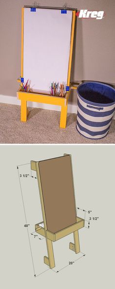 an easel and a drawing board are shown in two different views, one is blue and the other is yellow