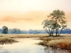 a painting of trees and water in the foreground, with an orange sky behind them